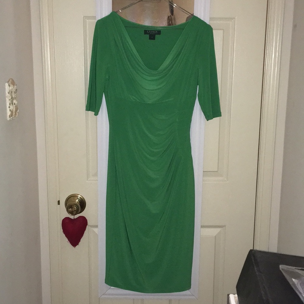 Cowl neck half-sleeve jersey sheath dress